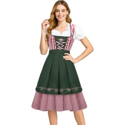 Image of NUWIND Womens German Beer Festival Costume Bavarian Traditional Oktoberfest Halloween Party Maid Plaid Fancy Dress Outfit (S)