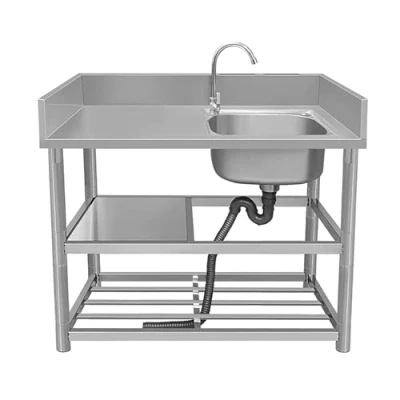 Image of Stainless Steel Kitchen Sink Commercial Single Bowl 304 Sinks with Faucet and Storage Shelves Workbench Drainer Unit for Outdoor Indoor Restaurant (Co