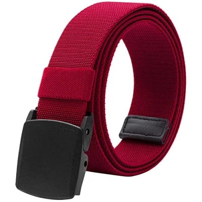 Image of LionVII Men Elastic Stretch Canvas Belt with Plastic Buckle, Breathable Braided Fabric Web Strap Adjustable for Work Shorts Jeans Below 46 Inch (Red)