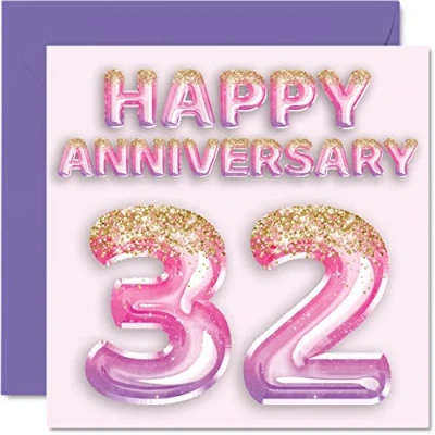 Image of Pretty 32nd Anniversary Card for Wife Girlfriend Husband Boyfriend Pink Purple Glitter Balloons Happy 32 Cards from Family, 145mm x Greeting Thirty Second Anniversaries