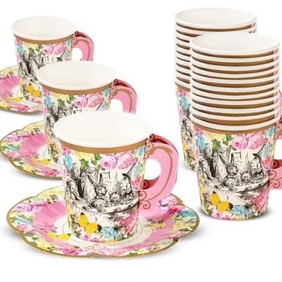Image of Talking Tables Alice in Wonderland Cup &amp; Saucer Set Mad Hatter Afternoon Tea Party Decorations for Birthday, Baby Shower, Weddings, Pack of 12, Paper, Mixed Colours, 12 Count (Pack 1)