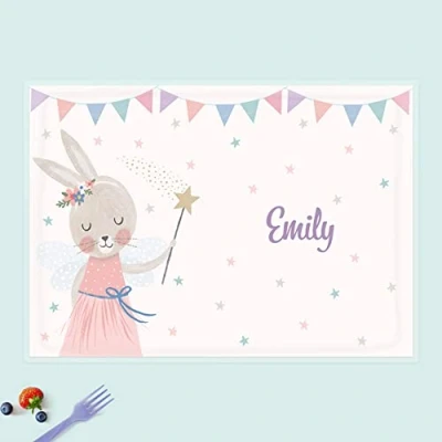 Image of dotty about paper Personalised kids Placemat Flopsy Bunny. Dinner Table Mat, Children, Wipeable placemat, Cute, Bright, Colourful, Dinnertime, Fun Design, Durable.