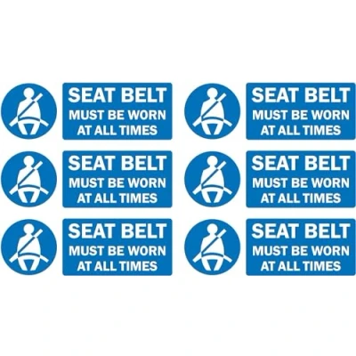 Image of Seat Belt Must be Worn at All Times Safety Sign Self Adhesive Sticker 150mm x 50mm Case (Pack of 10)