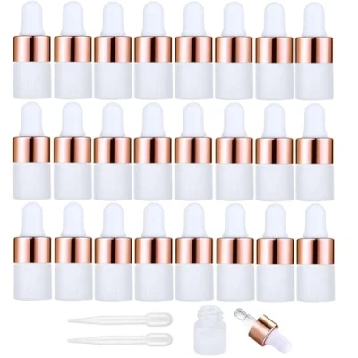 Image of Apstaqeoo 24Pcs, 2Ml Frosted Glass Sample Dropper Bottles, Empty Mini Bottles with Pipettes Rose Gold Aluminum Alloy Cap Refillable Container for Essential Oils Perfume Cosmetic Liquid