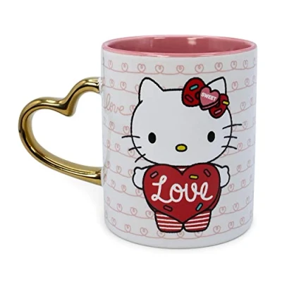 Image of Sanrio Hello Kitty Love Heart Shaped Handle Ceramic Mug Holds 14 Ounces