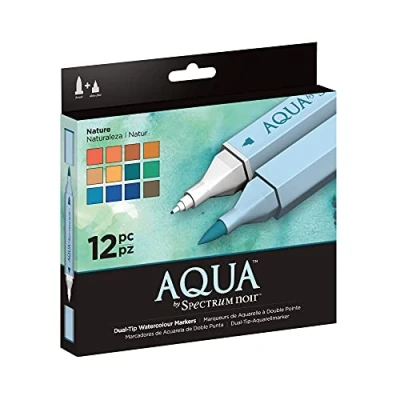 Image of Spectrum Noir Aqua Artist&#039;s Water Based Dual Nib Marker Colouring Pens, Nature, Pack of 12, 19 x 18.4 2.1 cm