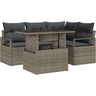 Image of vidaXL 5 Piece Grey Garden Sofa Set with Cushions Poly Rattan