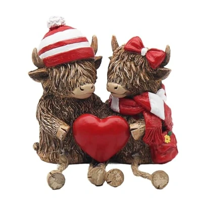 Image of Lesser &amp; Pavey Highland Cow Bronze Effect Ornament with Cute Dangle Legs and Accessories Tartan, Blue, Green Red or Pink Hat, Scarf Bag House Decoration Gift (Red)