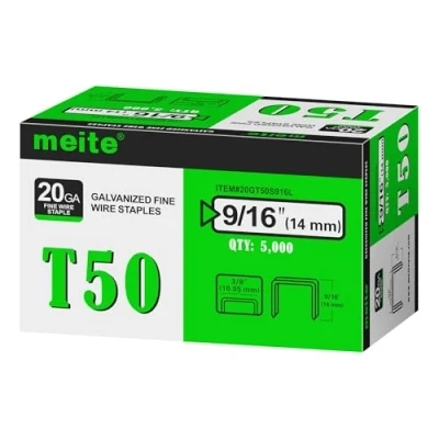 Image of meite T50 Staples, Type 140/14 mm Heavy Duty Staples for Staple Gun, Galvanized 20 Gauge 3/8 Inch Crown Upholstery, Construction, Furniture (5,000 Counts)