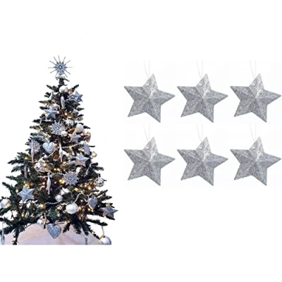 Image of UKDeals Direct® SILVER COLLECTION CHRISTMAS DROPLET BAUBLES TREE DECORATIONS GLITTER MATT ICICLES (Pack of 6 3D Star)