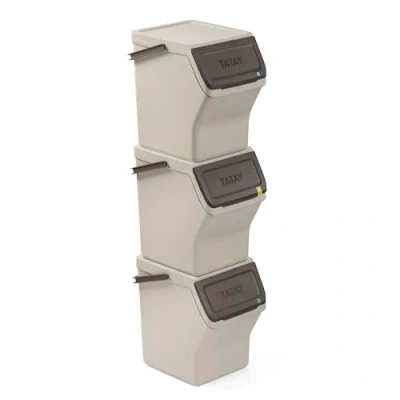 Image of TATAY Set 3 modular and stackable garbage cans. 20L capacity each. Polypropylene. Colored lids with hinged opening. Wide front Carrying handle. Beige. 36 x 35 27 cm.