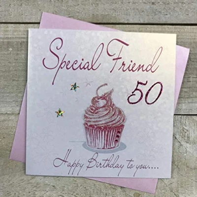 Image of white cotton cards &quot;Pink Cupcake, Special Friend 50 Happy Birthday to you… Handmade 50th Card, White, WB202