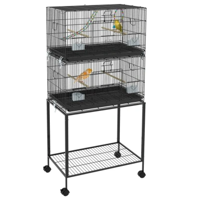 Image of PawHut 2 Tier Bird Cage, Budgie Cage with Stand, Swing, Rope, Ladder, Wheels, Shelf, Tray, Perches, Food Containers, for Canaries, Lovebirds, Finches