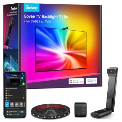 Image of Govee TV Backlight 3 Lite with Fish Eye Correction Function Sync to 55 65 Inch TVs, 3.6m RGBICW Wi Fi LED Camera, 4 Colours in 1 Lamp Bead, Voice and APP Control, Adapter