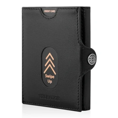 Image of TRUSADOR Valencia Slim Small Leather Front Pocket Wallet Card Holder with RFID Protection for Men and Women, Black, Coin