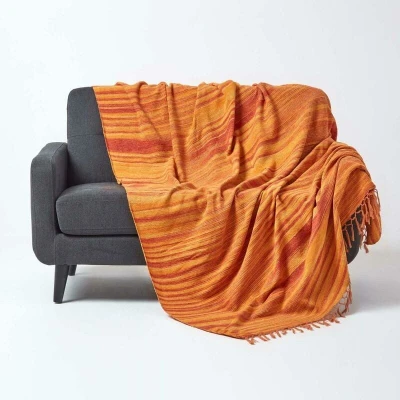 Image of HOMESCAPES Bed Sofa Throw Cotton Chenille Tie and Dye Orange 220 x 240 cm or 87 94 inches