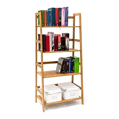 Image of Relaxdays Bamboo Bookshelf Bookcase With 4 Shelves 120 x 57 31 cm Wooden Shelving Unit For Books In Ladder Shape Standing Shelf Protection On Levels, CDs DVDs Books, Natural