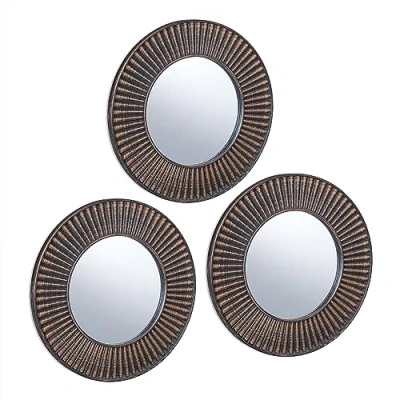 Image of Relaxdays Set of 3 Sun Mirrors, Round, Decorative, Ø 25 cm, Wall Mounted, Plastic Frame, Lounge &amp; Hallway, Gold/Black, Glass