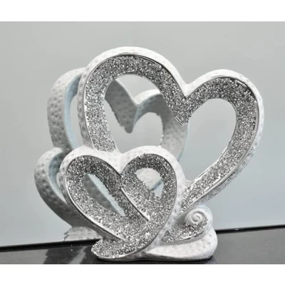 Image of Biznest Silver Double Heart Sparkle Ornament Bling Crushed Diamond Display Wedding Anniversary, Birthday Present, Home Decor