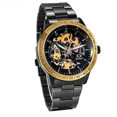 Image of JewelryWe Mens Black Stainless Steel Watches Steampunk Automatic Mechanical Gold Dial Skeleton Classic Wristwatch
