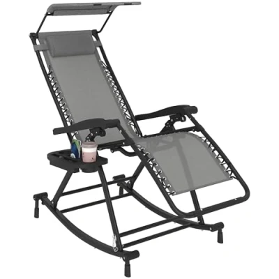 Image of Outsunny Garden Rocking Chair Folding Recliner Outdoor Adjustable Sun Lounger Rocker Zero Gravity Seat with Headrest Side Holder Patio Deck Grey
