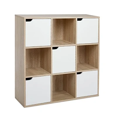 Image of Meerveil 9 Cube Storage Unit, 3 Tier Bookcase with 5 Doors, Wooden Bookshelf Display Organiser Cabinet for Living Room, Bedroom, Home Office, 90 x 30 cm, Oak and White