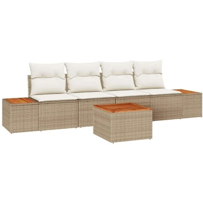 Image of vidaXL 5 Piece Garden Sofa Set with Cushions Beige Poly Rattan Acacia