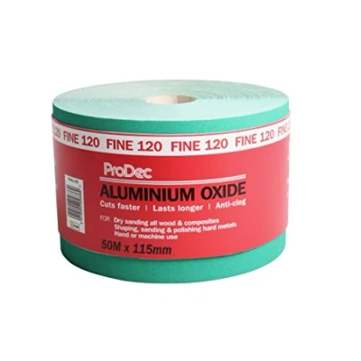 Image of ProDec 50m Roll 120 Grit Fine Grade Green Aluminium Oxide Abrasive Sanding Paper for Wood, Paint, Plaster, Filler, Metal and More, 115mm Wide Sandpaper Compatible with Machine Sanders