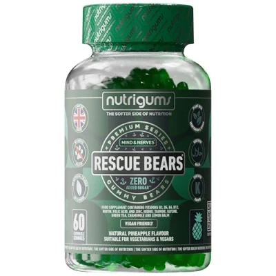 Image of Rescue Bears Daytime Stress &amp; Anxiety Relief Pineapple Flavour 60 Vegan Gummies with Glycine, Taurine, Green Tea, Lemon Balm, Chamomile, Vitamins Prebiotics for Calming