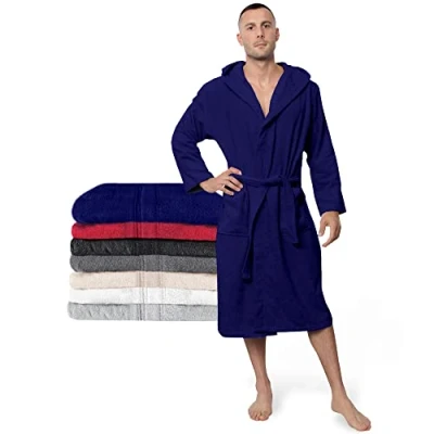 Image of Bathrobe Men &amp; Women 100% Cotton OEKO TEX® Certified XXXL Dark Blue Premium Dressing Gown Mens Absorbent Towelling with Hood, 2 Pockets, Belt