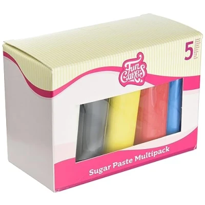 Image of FunCakes Fondant Multipack Primary Colours, Perfect for Cake Decorating, Halal, Kosher and Gluten Free. 5 White, Yellow, Blue, Red, Black, x 100 g