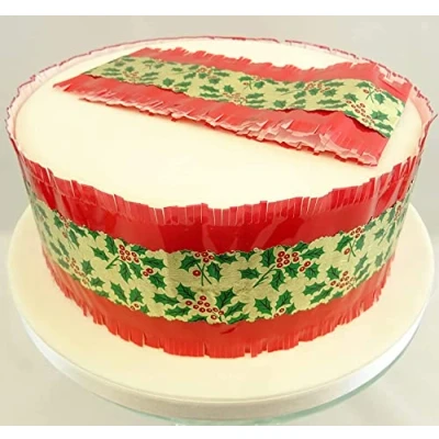 Image of Christmas Cake Frill 2 Metre Deep 83mm Depth Red with Gold Foil Band Green Holly &amp; Berries