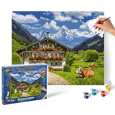 Image of Schipper 602100458 Natural Numbers Mountain Farm Pictures for Adults, Includes Brush and Acrylic Paints, 40 x 50 cm, Multicoloured, Mittel