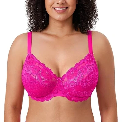Image of Delimira Women&#039;s Full Coverage Non Foam Floral Lace Plus Size Underwired Bra Glitter Pink 38D