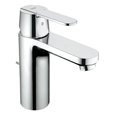 Image of GROHE Get Bathroom Wash Basin Mixer Tap with Pop Up Waste Set (Metal Lever, 35 mm Ceramic Cartridge, Water Saving Mousseur 5.7 l/min, Tails 3/8 Inch), M Size 159 mm, QuickTool, Chrome, 23454000