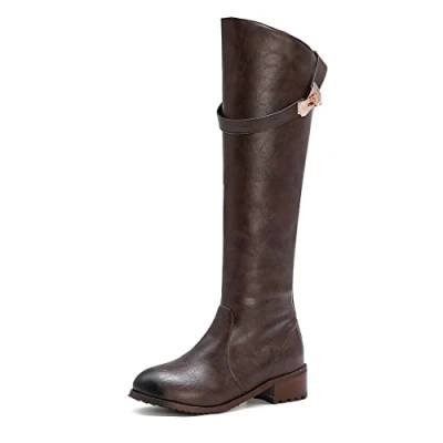 Image of REKALFO Womens soft PU Leather zipper Knee High Boot flat Winter Fashion Dress Boots brown 8 UK