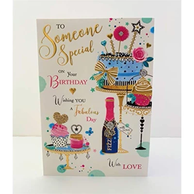 Image of Jonny Javelin Female Someone Special Birthday Card Cake Champagne