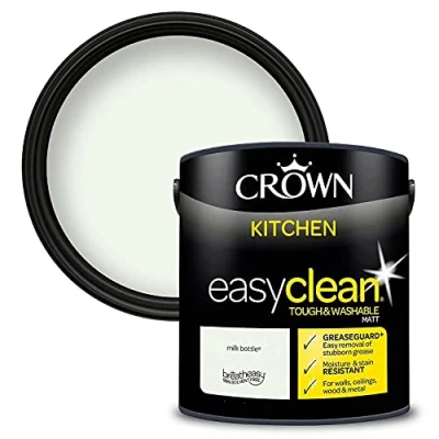 Image of 2.5L CROWN Easyclean Kitchen MATT Emulsion Multi Surface Paint With GREASEGUARD+ That can be Used on Walls, Ceilings, Wood and Metal. Stain &amp; Scrub Resistant Formula Milk bottle