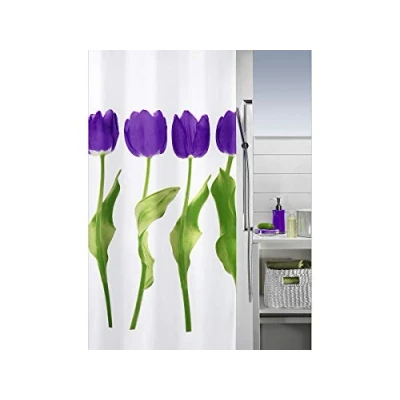 Image of Spirella Tulipa Violet Photorealistic Textile Polyester Shower Curtain, 180 x 200 cm, White/Purple/Lilac/Green