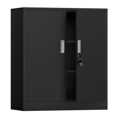 Image of iJINGUR Metal Storage Cupboard with Locking Doors and 2 Adjustable Shelves, Small Lockable Cabinet for Home Office Garage (Black)