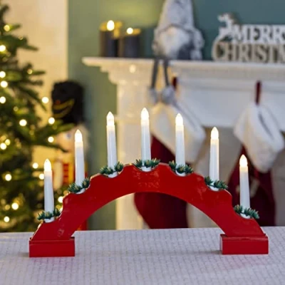 Image of Christmas Workshop 7 LED Red Arched Wooden Candle Bridge Light