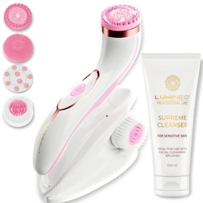 Image of Lumineo facial cleansing brush with silicone heads, gel for pores, peeling and removing blackheads, electric USB all skin (PRO rose (sensitive skin))