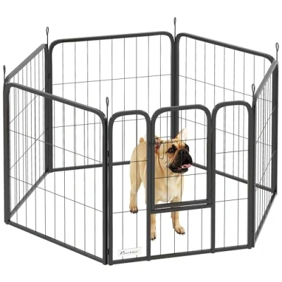 Image of PawHut Dog Playpen, 6 Panels Pen with Secure Door, 60cm High Puppy Heavy Duty Pet Exercise Fence for Indoor Outdoor, Garden, Camping