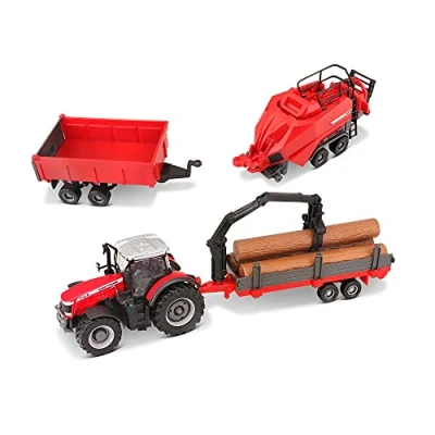 Image of Bburago B18 31668 Die Cast Massey Ferguson 8740S Farm Tractor with 3 Trailers Vehicle, Red