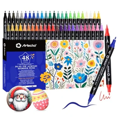 Image of Artecho Acrylic Paint Pens 48 Colors, Dual Tip Markers with Brush and Fine for Rock Painting, Glass, Paper, Wood, Egg, Canvas, Ceramic, Fabric, leather, DIY Crafts