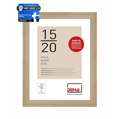 Image of DEHA Design Fontana Photo Frame 6x8, Wooden Picture 15x20cm, Oak with Protective Acrylic Glazing and Push Turn Clips