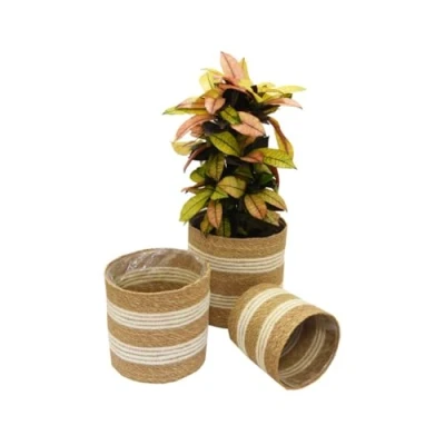 Image of Garden Gear Chia Seagrass Planter Basket Indoor with Interior Plastic Coating Hiding Pots 3 Pack (Natural + Jute Planter)
