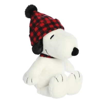 Image of Aurora Festive Peanuts Winter Plaid Snoopy Stuffed Animal Classic Characters Lasting Memories White 11 Inches