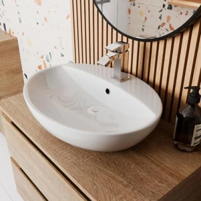 Image of BAYSTONE® Countertop Basin for Bathroom and Cloakroom Hand Wash Basins Sink One Tap Hole Modern White Gloss Oval, 550 x 420mm