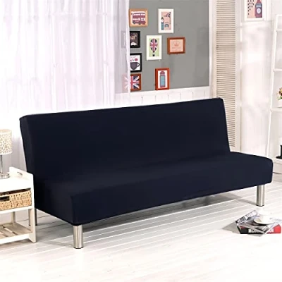 Image of Stretch Futon Cover Armless Sofa Slipcover Foldable Bed Covers with Elastic Bottom, Machine Washable (Black)